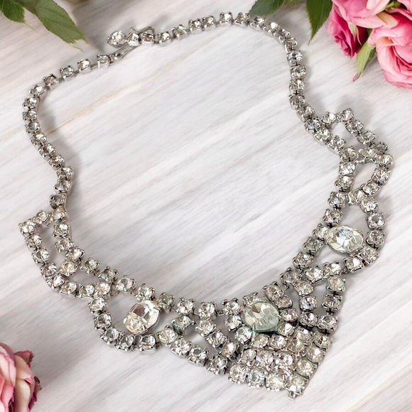 Vintage Art Deco Rhinestone Statement Bib Choker Necklace - Picture 3 of 7